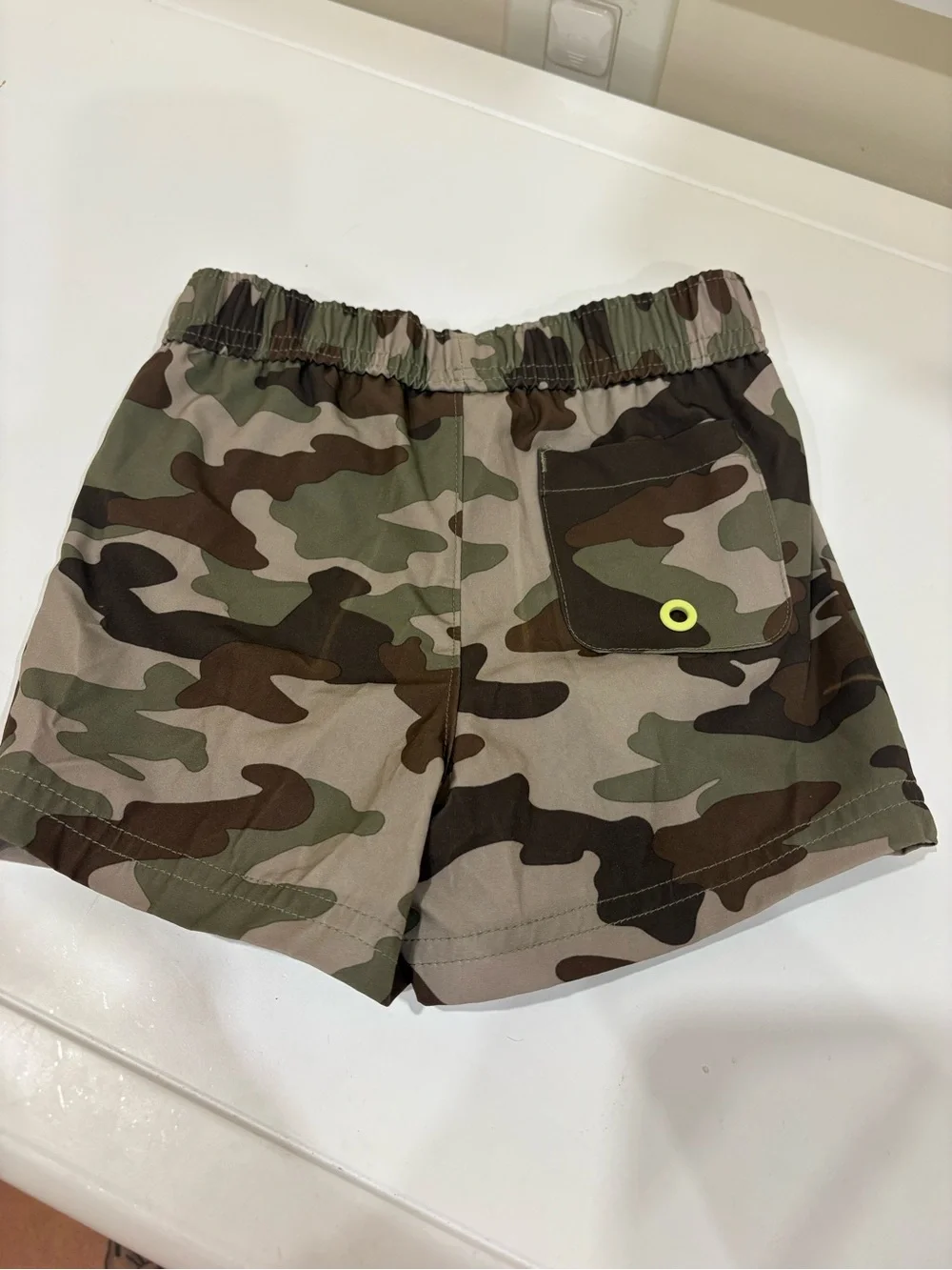 wonder nation Olive Green Camo Swim Shorts with Neon Yellow Drawstring
